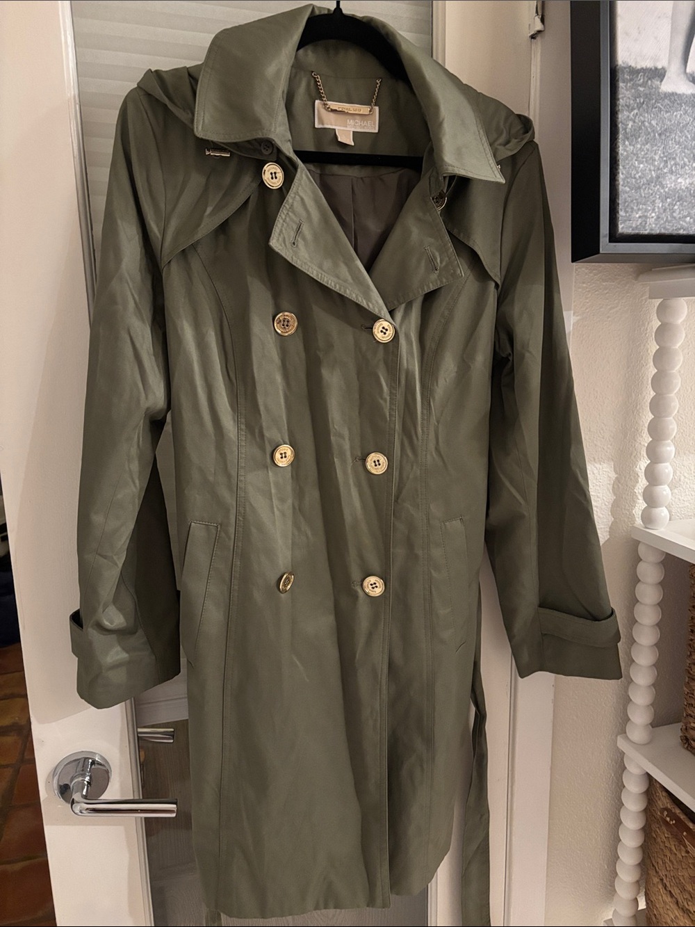 Michael Kors Olive Green Double-Breasted hooded Trench Coat